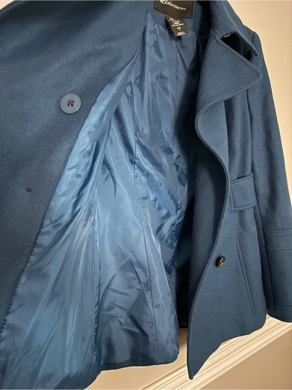 Moda International Teal Double Breasted Pea Coat Wool Blend Jacket 2 Tailored
